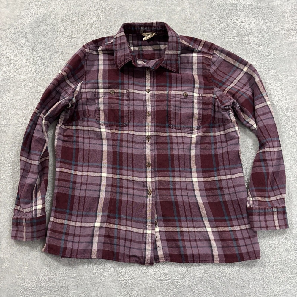 Duluth Trading Shirt Women's Large Button Plaid Flannel Chest Pockets Purple Red